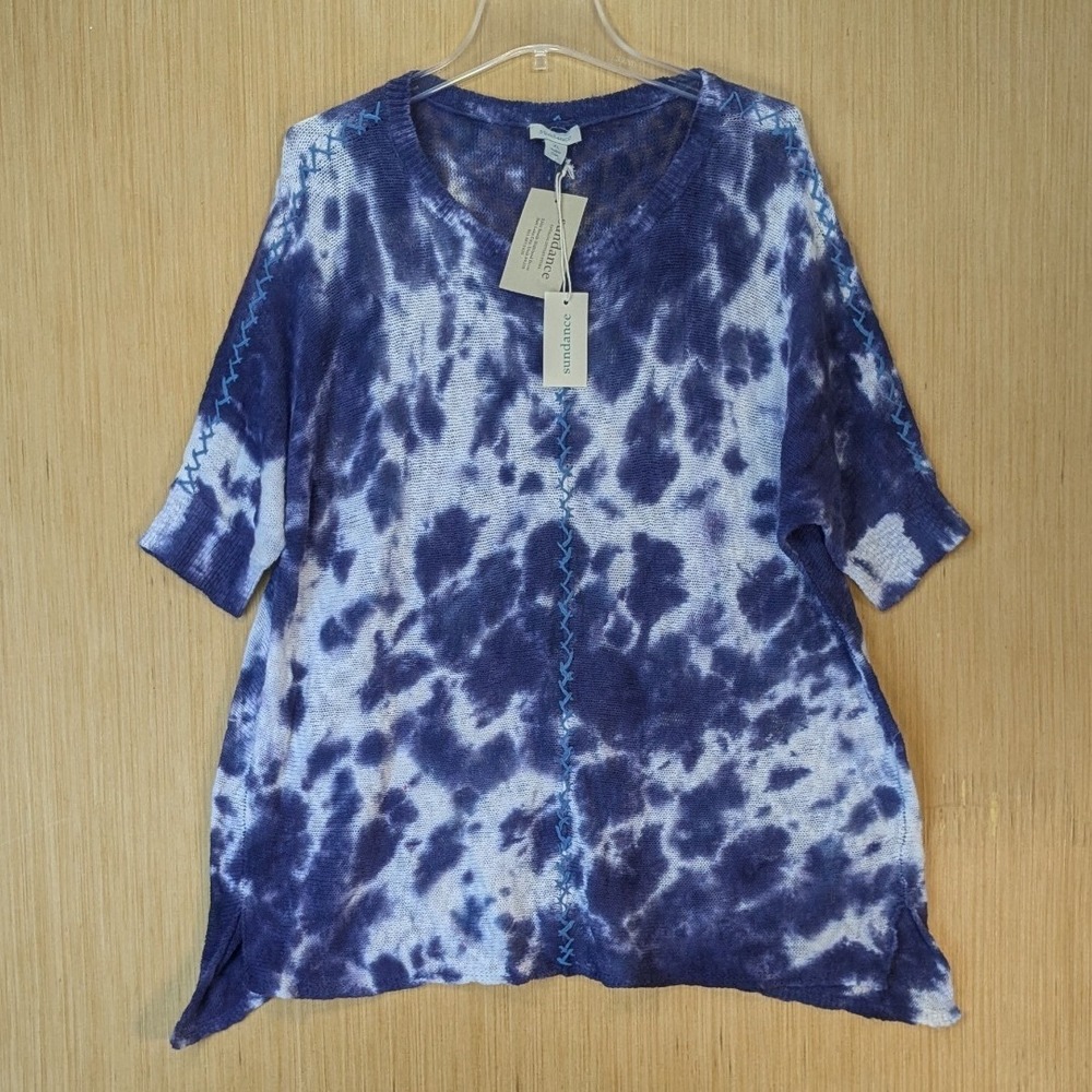 Sundance Boho Peasant Retro Tie Dye 100% Cotton Knit Top Size XL Blue White NEW
